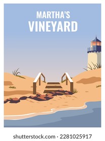 beautiful travel poster of martha's vineyard with lighthouse in beach. landscape illustration background for poster, postcard, card, print.