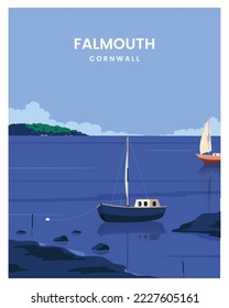 hermoso afiche de viaje de un puerto de Falmouth bajo un cielo azul nublado en Cornwall, Inglaterra. ilustración de vector de paisaje con diseño de estilo plano.