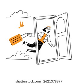 A beautiful traveler passes through the door, a metaphor for a traveler's journey.  Hand drawing Vector Illustration"