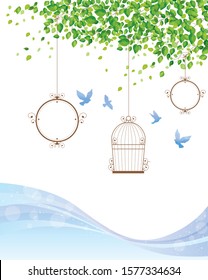 Beautiful tree and bird and birdcage
