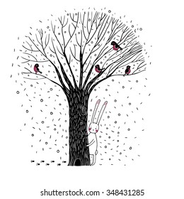 Beautiful tree, birds and rabbit. Winter. Hand drawn vector illustration on a white background. 