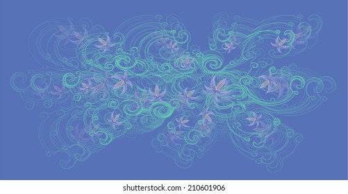 A beautiful tree branch with blue, light purple lily flowers on a light blue background. 