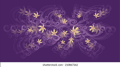A beautiful tree branch with yellow lily flowers on a purple background.
