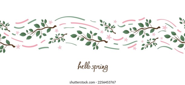 Beautiful tree branches with text HELLO SPRING on white backgrou