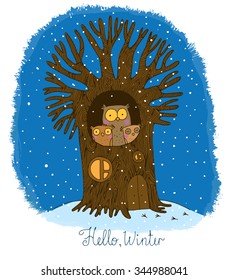 Beautiful tree and family of owls. Winter landscape. Winter. Hand drawn. Vector illustration.
