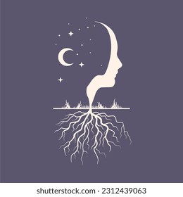 Beautiful tree with female face. Crescent moon and stars. Natural cosmetics symbol