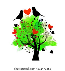 Beautiful tree with flowers, birds with love message. Vector 