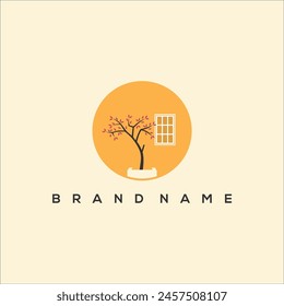 beautiful tree in front of the window vector logo