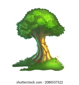 Beautiful tree  with grass isolated on white background. Oak illustration. Vector tracing eps10