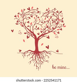 Beautiful Tree with Heart shaped root. Tree silhouette with Heart leaves. The art Tree is beautiful for your Valentine's Day design. Vector illustration.