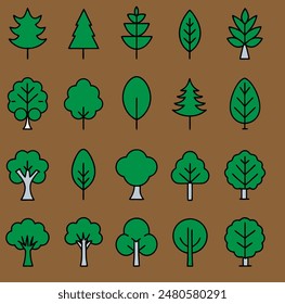 Wunderschöne Baumsymbol-Vektorillustration, Waldsilhouetten von Kiefernbaum-Kollektion-Set, verschiedene Baumsymbol-Silhouette, Baumsymbol, Kiefernbaum-Icon-Set, Waldsymbole