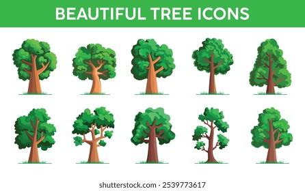Beautiful tree icons set for digital designs. Highlight the eco-friendly aspect. Best tree icons for environmentally conscious users.