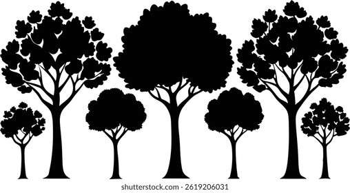 Hermoso árbol aislado de la silueta de la Ilustración vectorial Elementos del bosque natural en el arte negro del contorno
