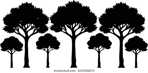 Árvore bonita isolada Silhueta Vetor Ilustração Natural Forest Elements in Black Outline Art