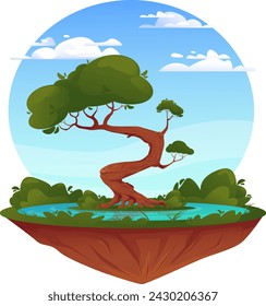 Beautiful tree with lake with bushes and cloudy sky, landscape with elements of plants and water body. Stock vector illustration