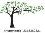 Beautiful tree with leaves and birds isolated on white background, vector illustration