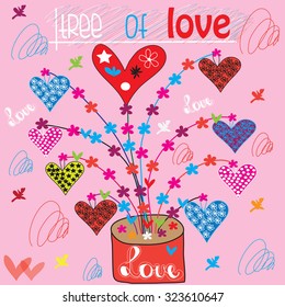 beautiful tree of love with hearts and curls and flowers vector illustration