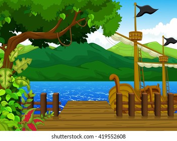 beautiful tree on dock cartoon with mountain landscape background