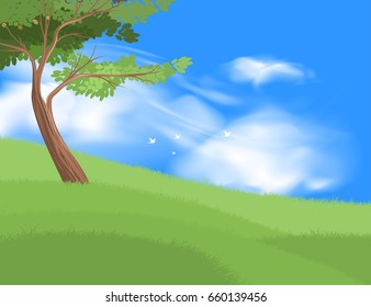 Beautiful tree on grass field vector nature and landscape over blue sky background