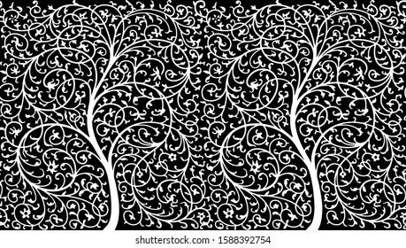 Beautiful tree pattern with branches and leaves and black background