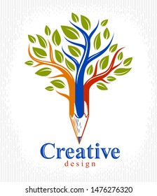 Beautiful tree with pencil combined into a symbol, creativity and ideas concept vector classic style logo or icon. Art and design conceptual allegory.