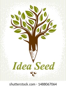 Beautiful tree with pencil combined into a symbol, Idea seed concept vector classic style logo or icon. Strong thoughts virus idea allegory.