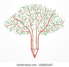 Beautiful tree with pencil combined into a symbol, creativity and ideas concept vector linear style logo or icon. Art and design conceptual allegory.