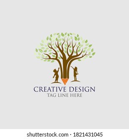 Beautiful tree with pencil combined into a symbol, creativity and ideas concept vector with boy and girl. 