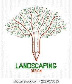 Beautiful tree with pencil combined into a symbol, landscaping design vector classic style logo or icon. Creativity concept, art and design allegory.