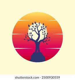 Beautiful tree vector illustration with sunset silhouette, can be used for logo, t-shirt design, background.