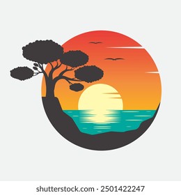 Beautiful tree vector illustration with sunset silhouette on the sea, can be used for logo, t-shirt design, background.