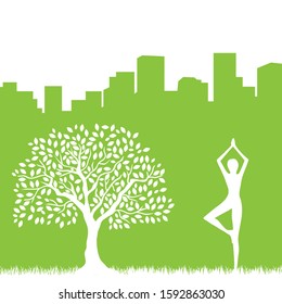 beautiful tree and woman silhouette in yoga pose with big city in background, vector illustration 