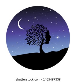 beautiful tree with women face and night sky. vector 