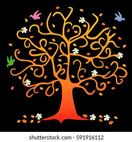 The beautiful tree.(Bird,flower,orange,leaf)