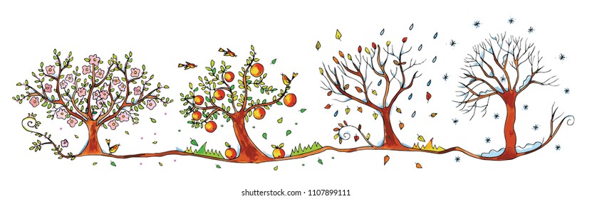 Beautiful trees in all seasons, spring, summer, autumn and winter. Color vector for gift or card.