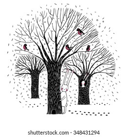 Beautiful trees, birds and rabbit. Winter.Hand drawn vector illustration on a white background. 