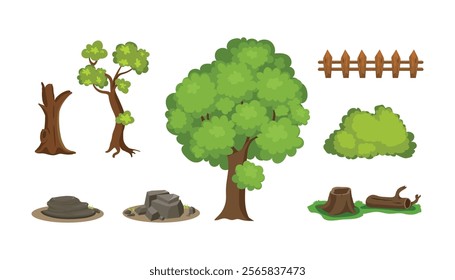 Beautiful trees collection. Plants and trees vector illustration. Summer abstract stylized trees. Natural nature illustration.