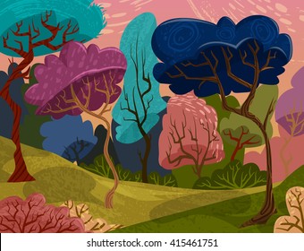Beautiful trees in magical forest. Cartoon colorful summer landscape. Vector illustration