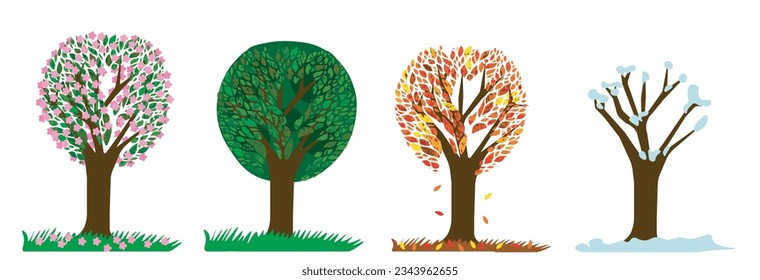 Beautiful trees representing the four seasons, spring, summer, autumn and winter. Vector illustration isolated on white background.