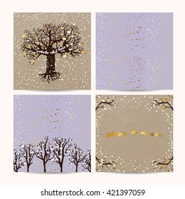 beautiful trees template. Background decorated with hearts and golden glitter