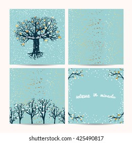 beautiful trees template. Background decorated with hearts and golden glitter