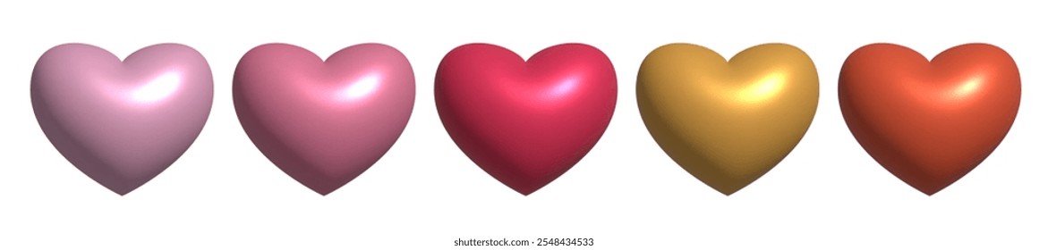 Hermosa colección de corazones 3d de moda. Ilustración vectorial realista de corazón rosa, amarillo, naranja y rojo. Elementos de diseño de tarjeta de felicitación de San Valentín.