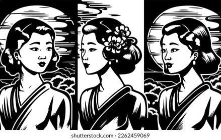 Beautiful and trendy black and white linocut popart or colouring page of an asian women