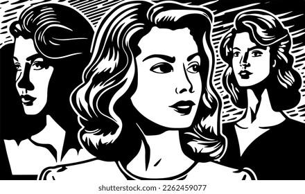 Beautiful and trendy black and white linocut popart or colouring page of a caucasian women