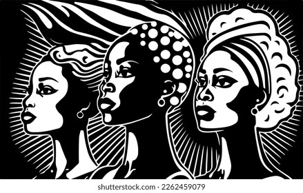 Hermoso y moderno blanco y negro linocut popart o página de color de una mujer afroamericana