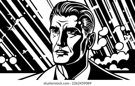 Beautiful and trendy black and white linocut pop art or colouring page of a caucasian man
