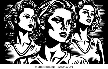 Beautiful and trendy black and white linocut popart or colouring page of a caucasian women