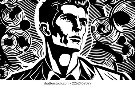 Beautiful and trendy black and white linocut pop art or colouring page of a caucasian man