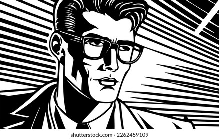 Beautiful and trendy black and white linocut pop art or colouring page of a caucasian man