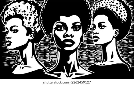 Hermoso y moderno blanco y negro linocut popart o página de color de una mujer afroamericana